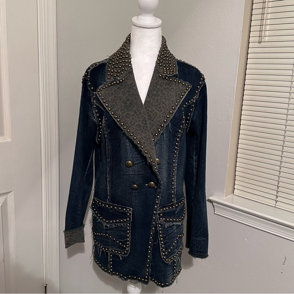 ADORE Western Denim Studded Jean Jacket Blazer, Military style, Large - Picture 1 of 13